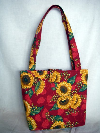 Structured Medium Tote, Diaper bag, Knit or Sew Tote, Carry all - Red with Sunflowers