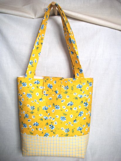 Structured Medium Tote, Diaper bag, Knit or Sew Tote, Carry all - Yellow with Blue Flowers