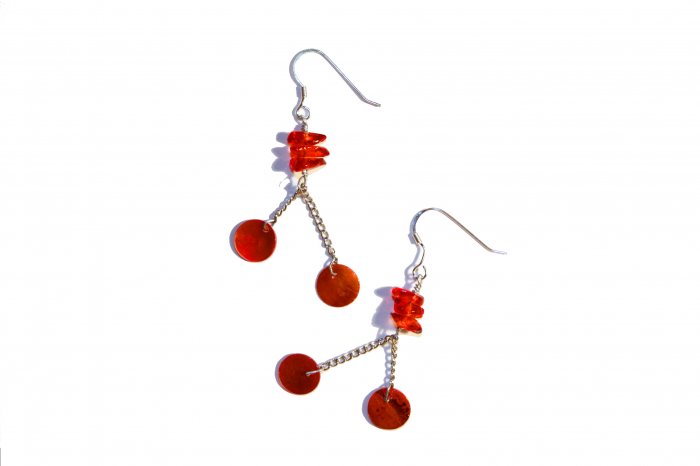 Glass Rock and Natural Shell Drop Earrings - Red