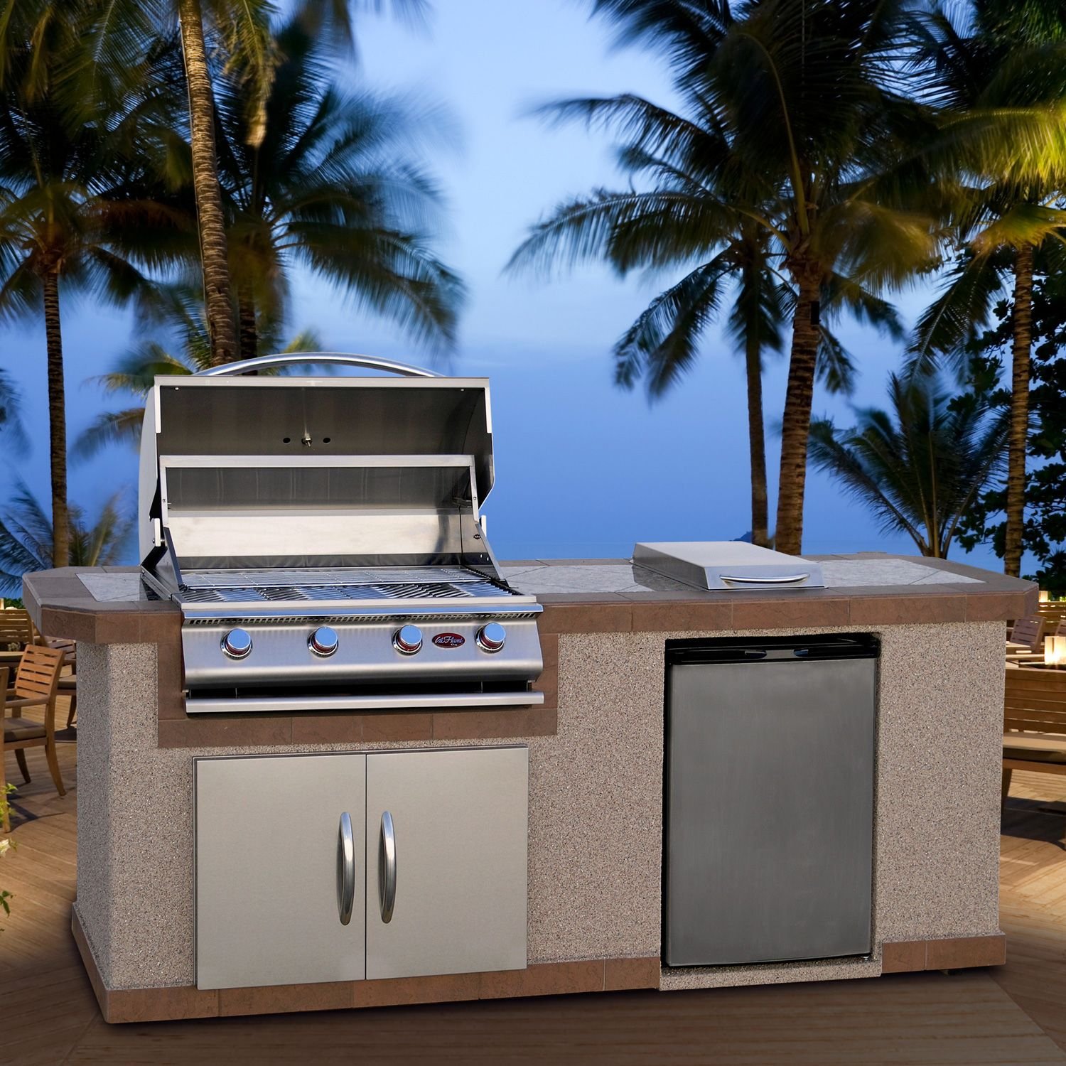 Cal Flame 8' Stucco BBQ Island with Bar Depth Top and 4-Burner Gas Grill