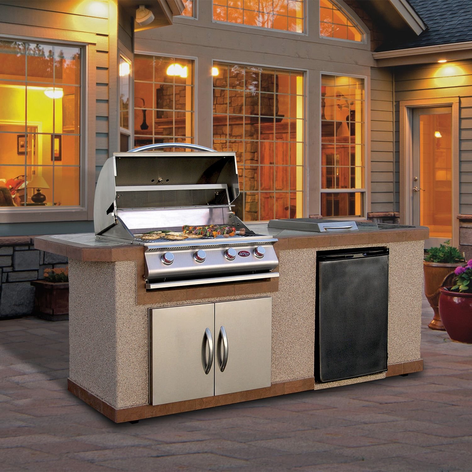 Cal Flame 7' Stucco BBQ Island with 4-Burner Gas Grill and Built In Umbrella Stand