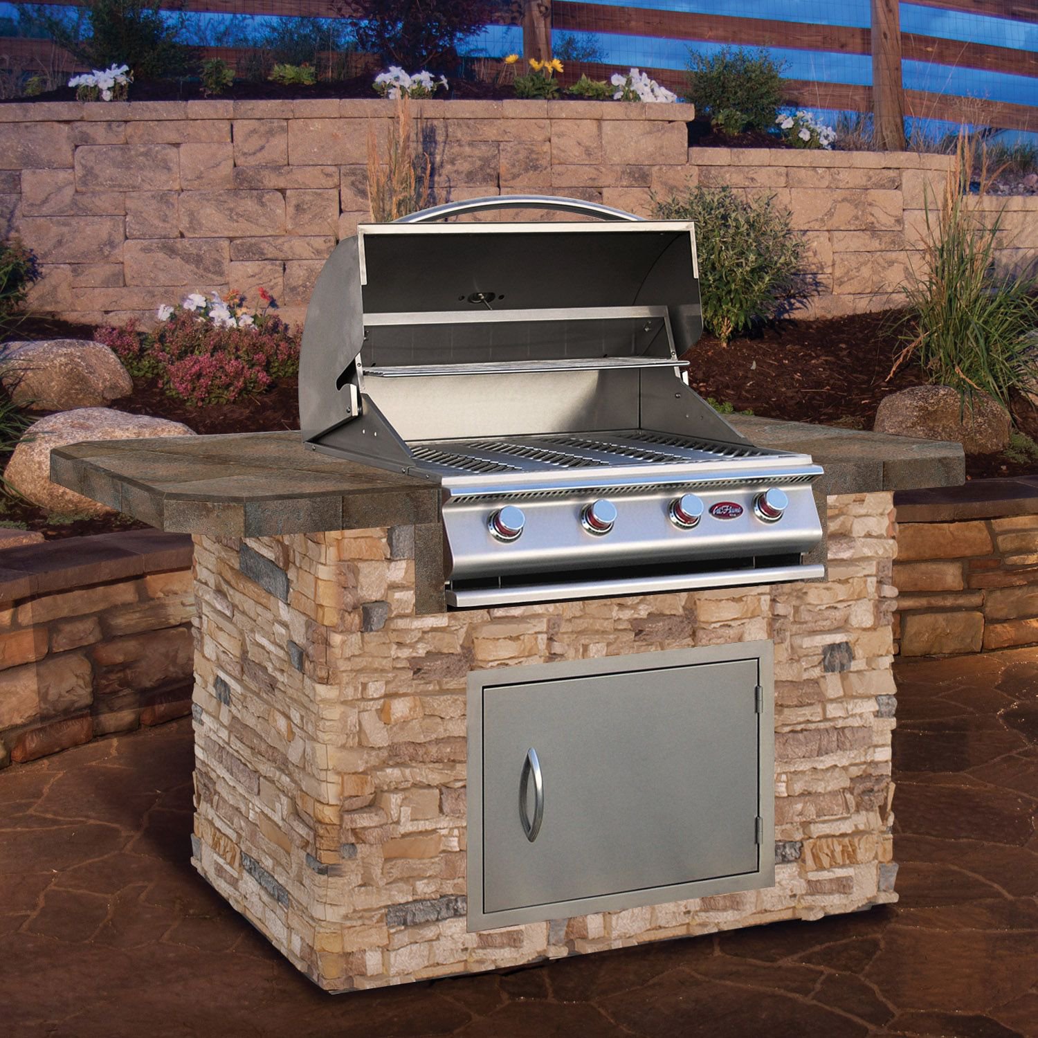 Cal Flame 6' Stone BBQ Island with Bar Depth Top and 4-Burner Gas Grill