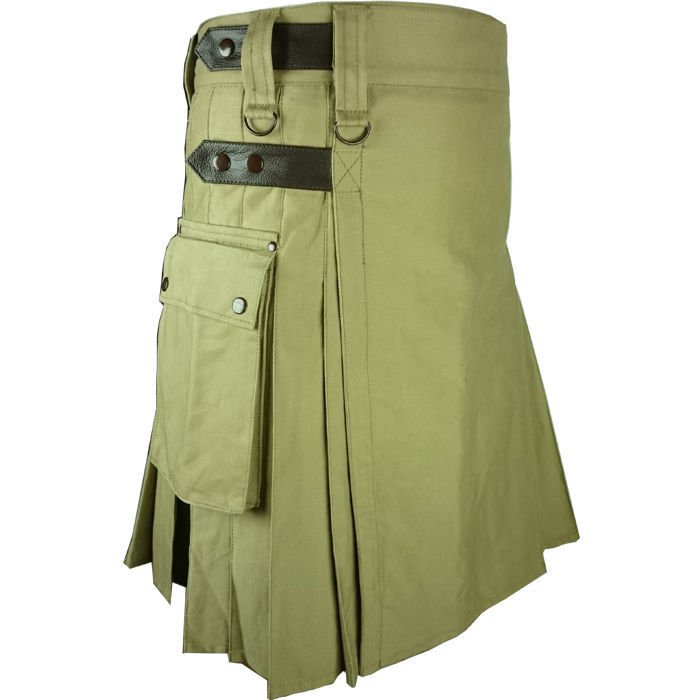 Handmade Olive Green Cotton Kilt Utility Leather Straps Fashion Kilt for Men Duty & Tactical kilt