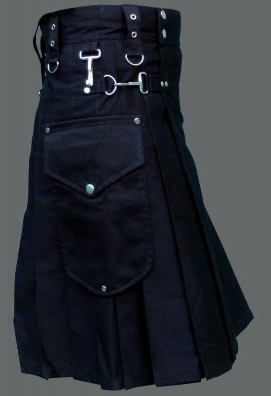 Deluxe Black Cotton Kilt Handmade Utility Gothic Modern Kilt with Cargo Pockets Made Size to Fit