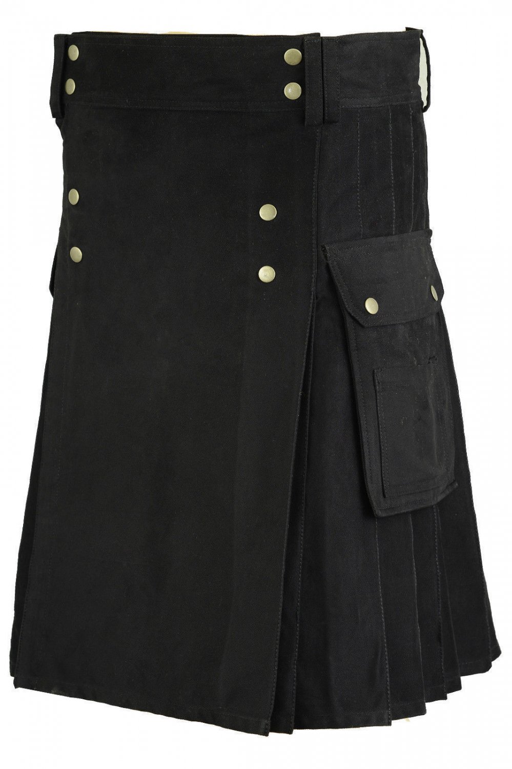 Gothic Black Cotton Outdoor Kilt for Men 28 Size Utility Kilt with Brass Material