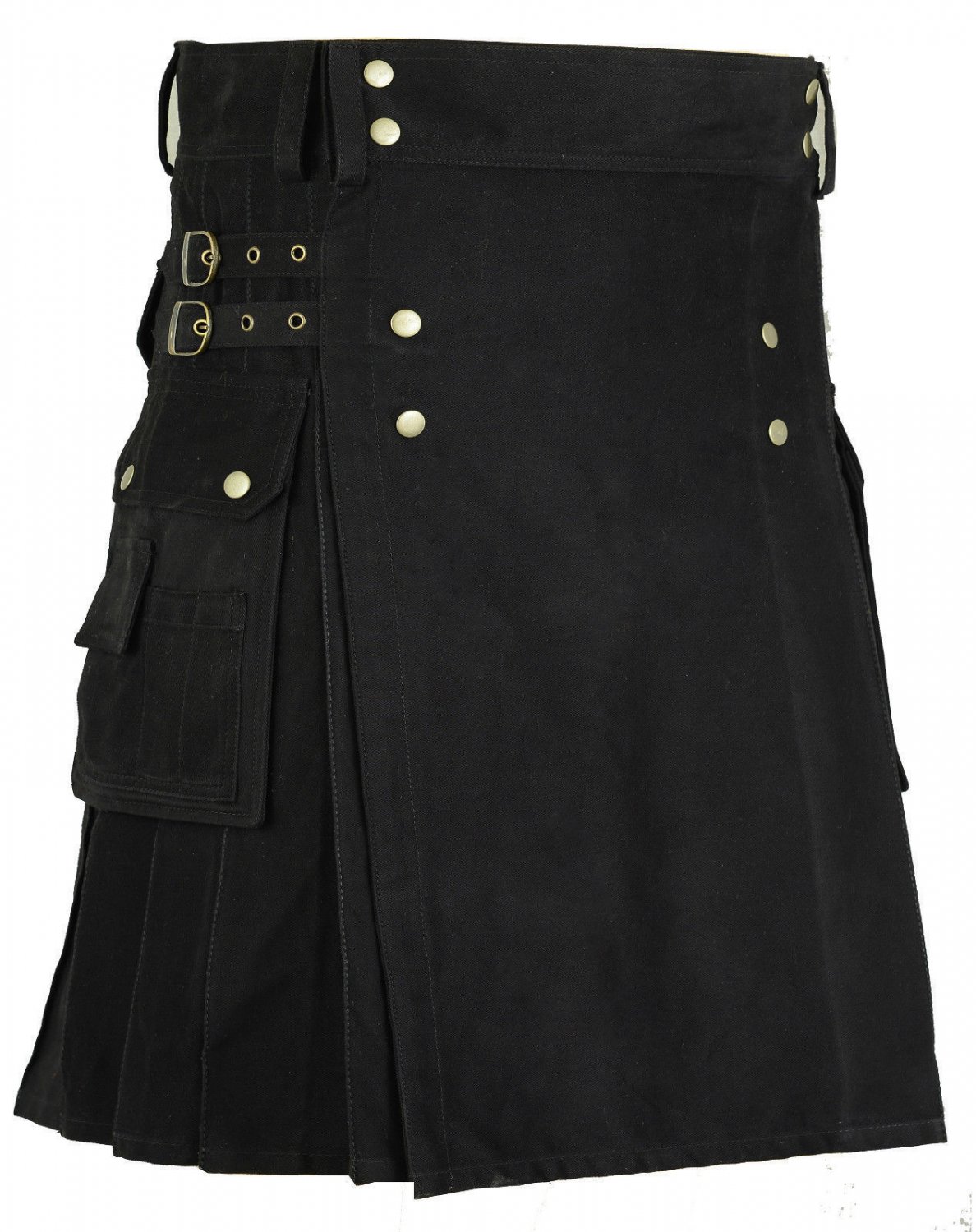 Gothic Black Cotton Outdoor Kilt for Men 48 Size Utility Kilt with Brass Material