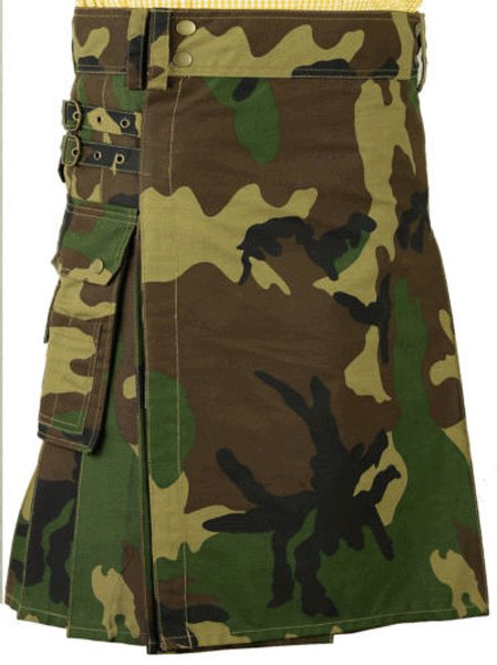 Army Camo Deluxe Cotton Kilt 44 Size Unisex Outdoor Utility Kilt Tactical Kilt with Cargo Pockets