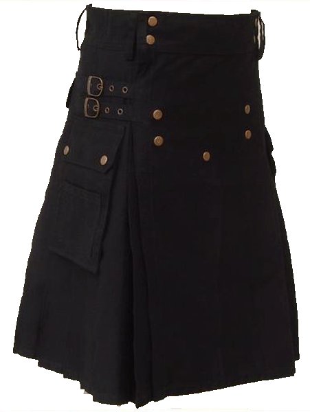 30 Size Black Scottish Utility cotton Kilt Working Kilt with Cargo Pockets and Front Brass Buttons