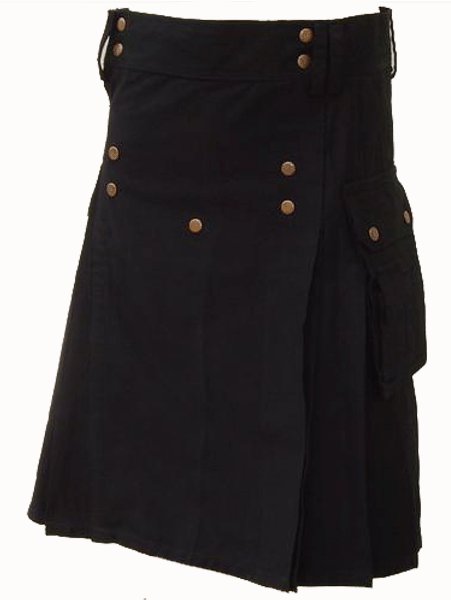 50 Size Black Scottish Utility cotton Kilt Working Kilt with Cargo Pockets and Front Brass Buttons