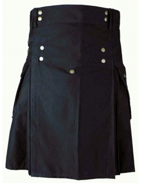 Mens BLACK Scottish Working Utility Kilt 44 Size Black Cotton Canvas Cargo Pockets Sport