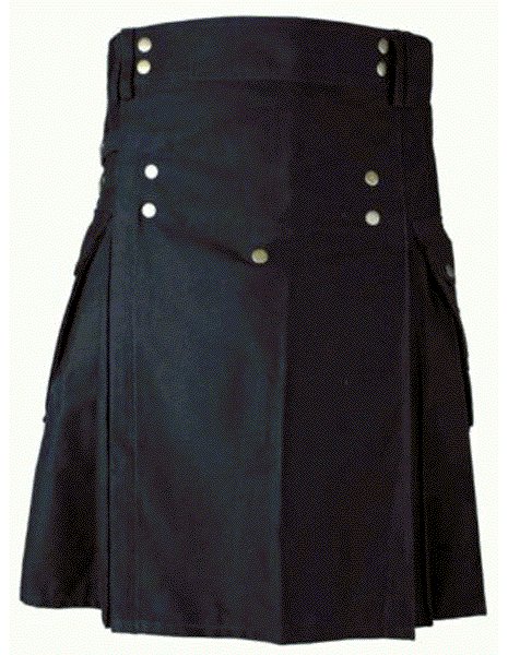 Mens BLACK Scottish Working Utility Kilt 56 Size Black Cotton Canvas Cargo Pockets Sport