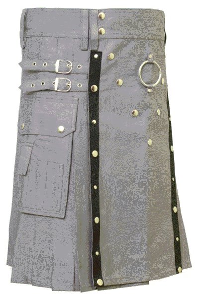 New Stylish Utility Gray Cotton Kilt 54 Size V Shape Chrome Buttons on Front Apron Modern Kilt