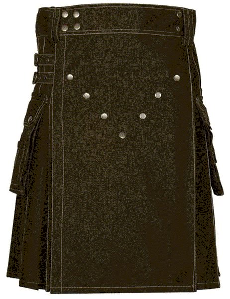 New Style Utility Brown Cotton Kilt 32 Size V Shape Chrome Buttons on Front Apron Modern Brown Kilt