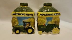 John Deere Salt & Pepper Shakers Set Gibson Ceramic Green Yellow Tractors Deer