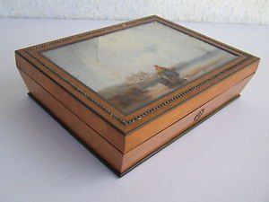 Vintage unusual wooden box with Gouache painting on the front