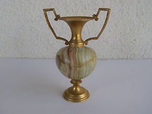 Spectacular Vintage Hand Carved Alabaster Stone & Brass Vase