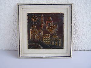 Vintage Marvelous Israel HADAR AVIV Enamel Plaque on Wood frame
