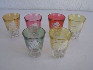 Vintage marvelous complete set of 6 colorful Shot Glasses W OW