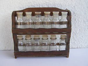 Marvelous vintage complete set of 12 glass spice jars bottles with orig stand