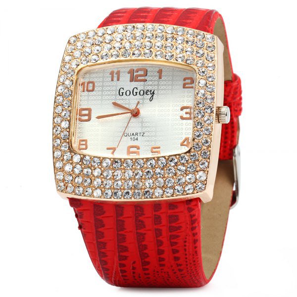 Gogoey 104 Women Rhinestone Quartz Watch Rectangle Dial Leatehr Band