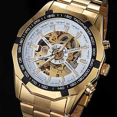 FORSINING® Men‘s Automatic Mechanical Hollow Dial Gold Steel Band Wrist Watch (Assorted Colors)