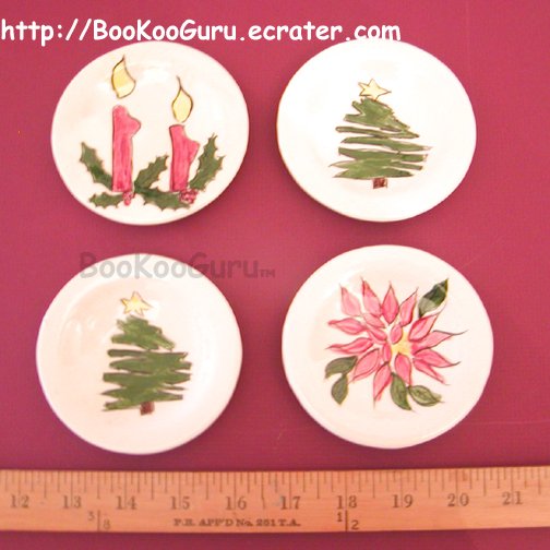 Tiny Decorative Plates, Set of 4, Hand-painted Ceramic, Christmas Theme, Holiday, BooKooGuru