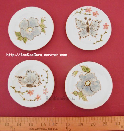 Tiny Decorative Plates, Set of 4, Hand-painted Ceramic, Floral Theme, Flower Design, BooKooGuru