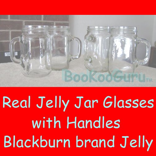 Set of Four (4) Jelly Jar Glasses, Blackburn's Brand, with Handles, Perfect, Pint, BooKooGuru