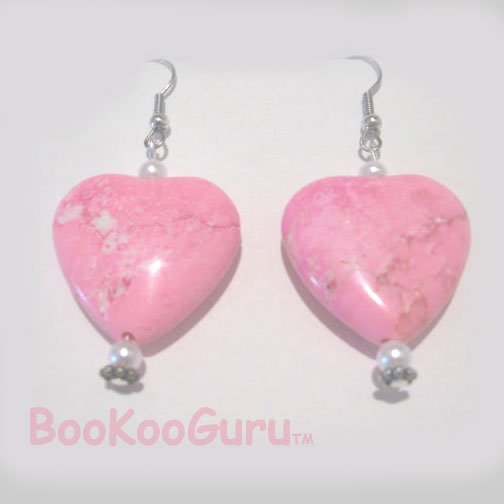 Hot Pink Hearts, Heart & Pearl, Earrings, Artisan-crafted, Original Design, Turquoise, BooKooGuru