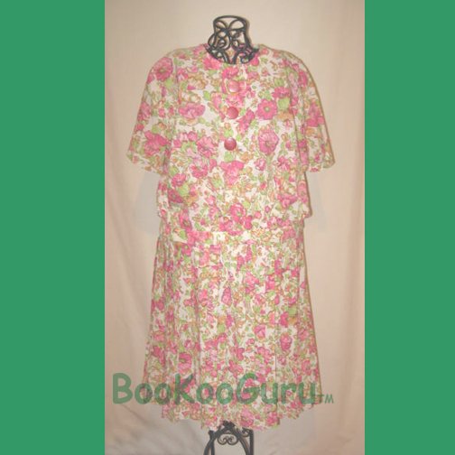 Floral Pleated Skirt and Top Set, Vintage Classic, Bright Colors, Hot Pink Buttons