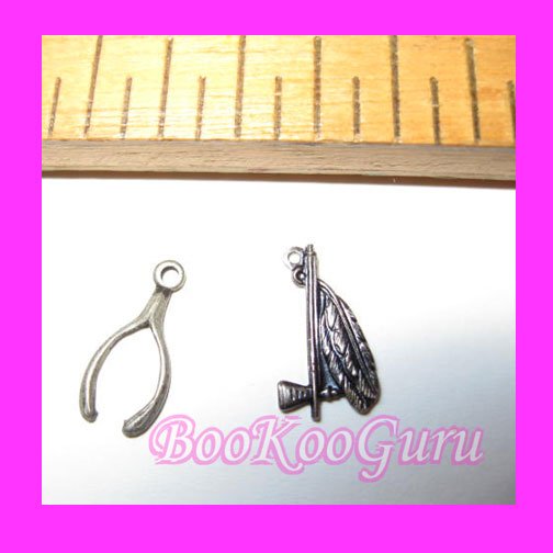 Wishbone & Peace Pipe Charms, Set of two (2), Antique Silver, Vintage, Make Jewelry