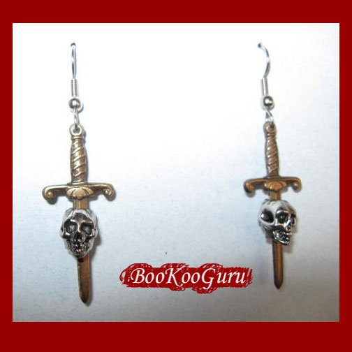 Skull and Dagger Earrings, Custom Designed, Three-dimensional
