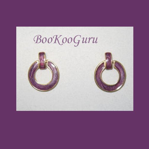 Purple Enamel Hoop Earrings, Vintage, Classic Style, Goldtone, BooKooGuru
