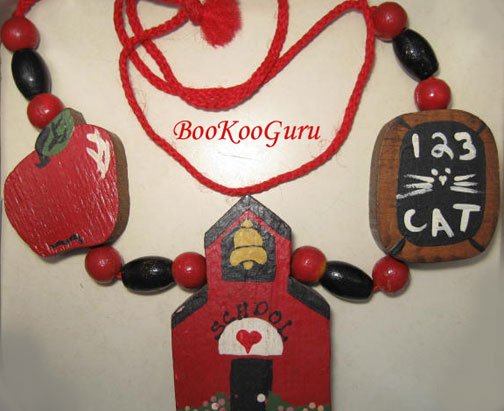 Wooden and Beaded Teacher Necklace, Handmade, Handpainted Blocks,Apple,Schoolhouse,Blackboard
