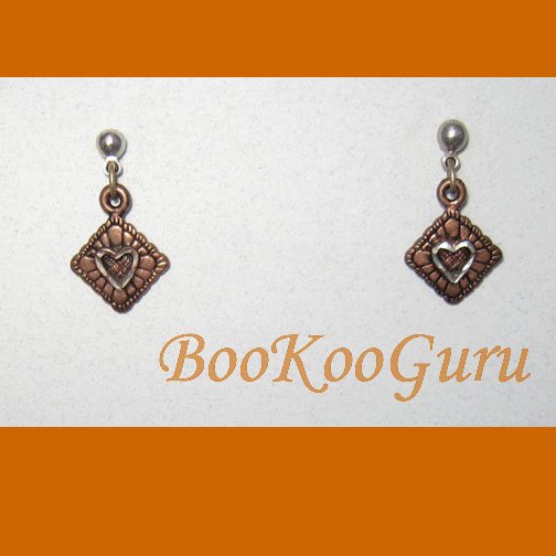 Limited Edition Copper, Silver Earrings, Diamond Shaped, Heart Center Cut-out, Vintage Jewelry