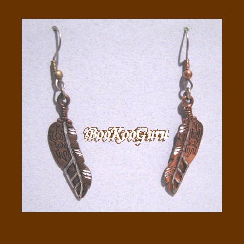 Feather Earrings, Southwest Style, Copper Color with Gecko Engraved, Rare, Vintage Jewelry