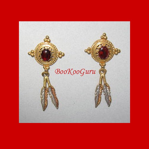 Goldtone Earrings, Red Stones, Feather Dangles, Rare, Vintage Jewelry