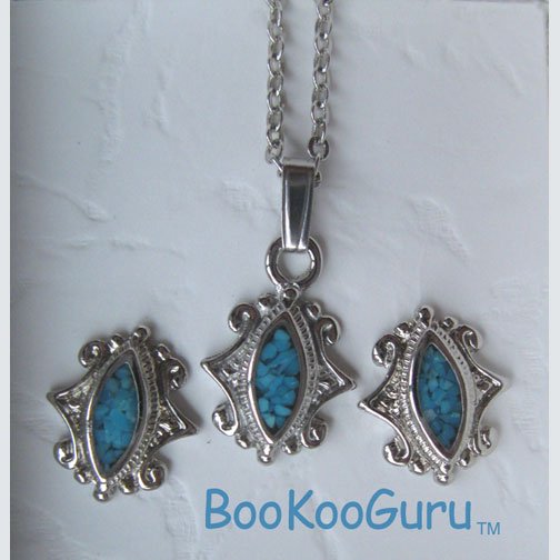 Oval Blue Mother of Pearl Earrings & Necklace Set, Scroll Edging, Rare, Vintage Jewelry