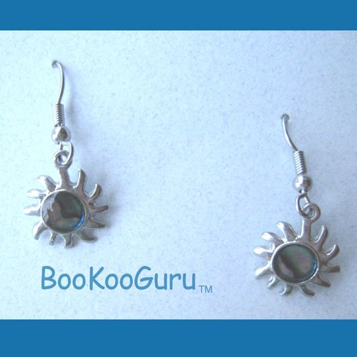 Tiny Sun Earrings, Blue Swirl Mother of Pearl Inset, Rare, Vintage Jewelry