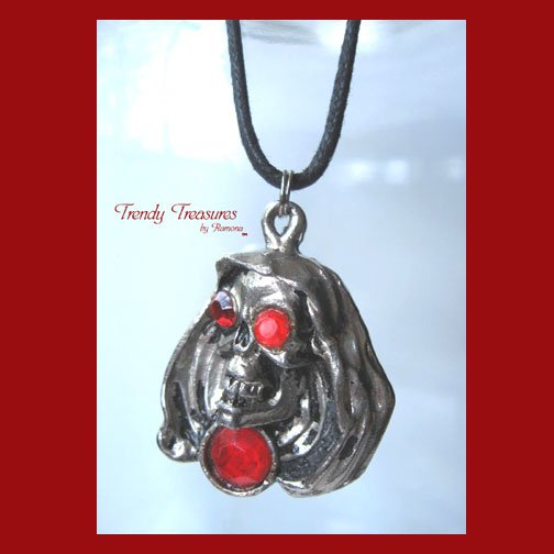 Skull Pendant, Cord Necklace, Silver, Red, Black, #TrendyTreasuresByRamona