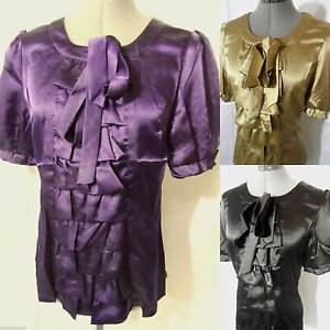 Nwt MINUET Satin Ruffle front Blouse womens S Gold Black Plum tuxedo Shimmer