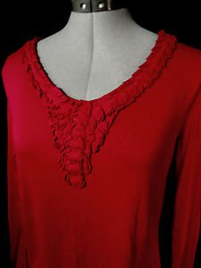 COLDWATER CREEK Fancy Tee shirt Top womens S Red V neck Pleated pintucked front