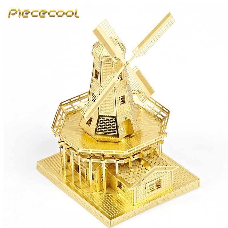 Piececool 3D Metal Puzzle Dutch Windmill Building Building P012G DIY 3D Laser Cut Models Toys - Gold