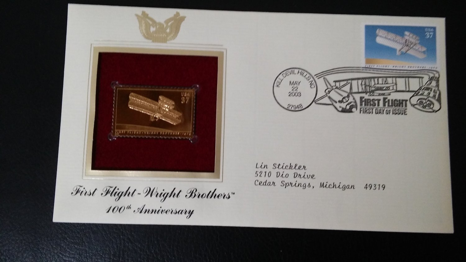 Wright Brothers first in flight Gold replica 22k gold stamp.