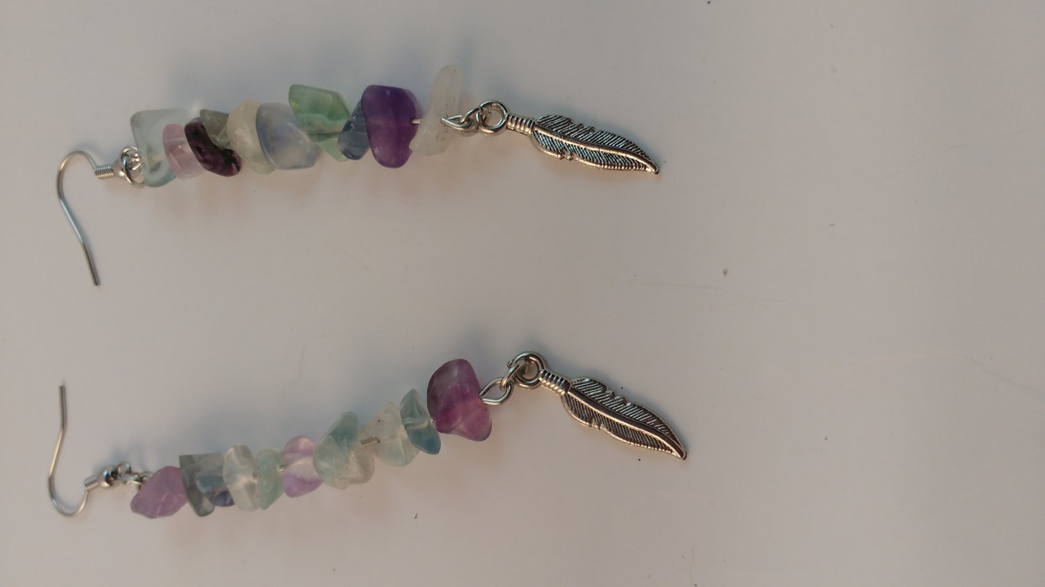 Handmade Rainbow Fluorite Earring with Silver Feather Charm with Surgical Steel Fish Hook