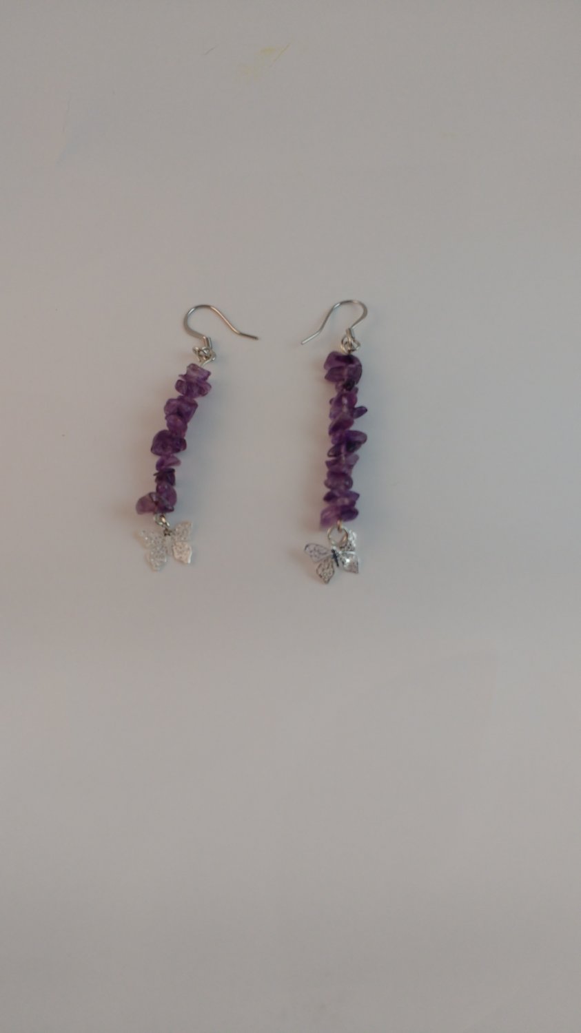 Handmade Amethyst Dangle with Butterfly Charm Earring and Stainless Steel Ear Hook