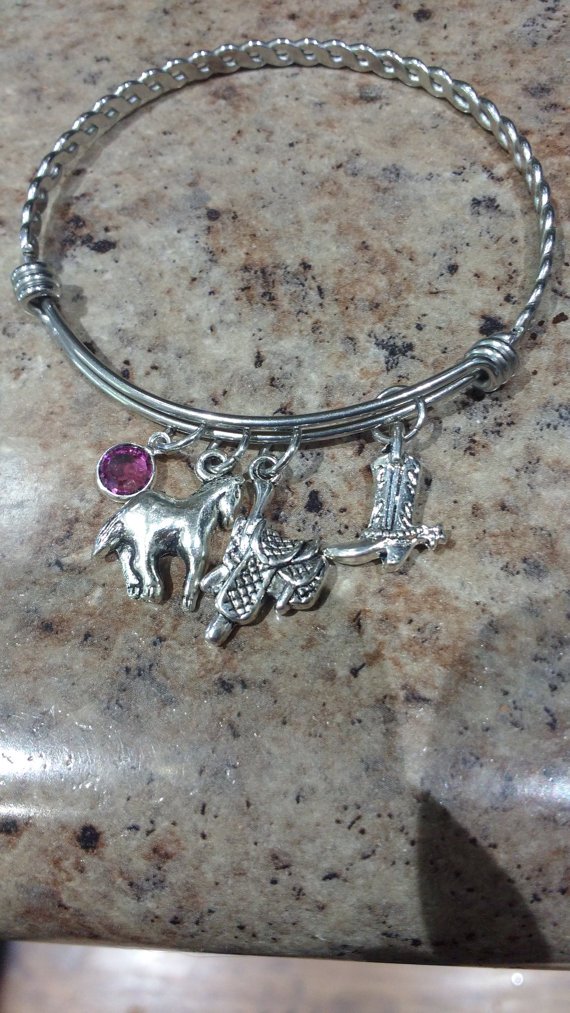 Handmade Country Theme Adjustable Bangle, Horse, Saddle, Boot, Swarovski Birthstone Charm Bracelet
