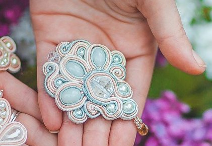 Soutache brooch, Blue and gold brooch, Embroidered brooch, Crystal brooch, Soutache jewelry