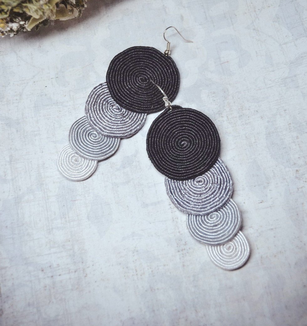 Soutache dangle earrings, Grey and black earrings, Embroidered earrings, Long earrings