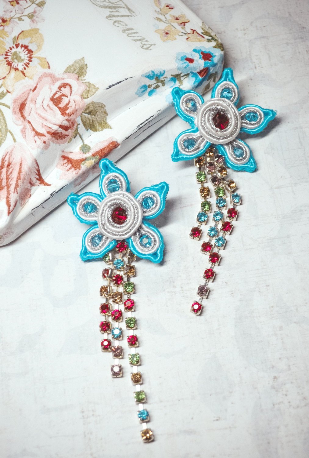 Soutache stud earrings, Flowers earrings with crystals, Embroidered earrings, Crystal earrings